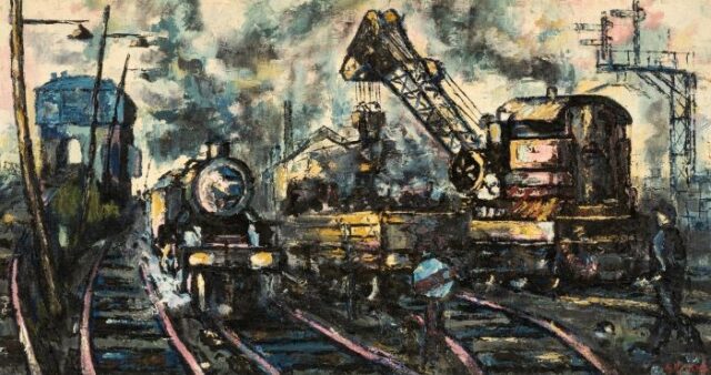 Oil painting of trains at Aberystwyth by Ken Lewis offered at Rogers Jones Welsh art auction