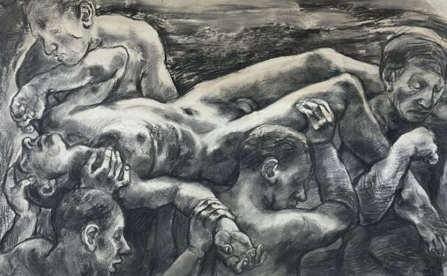 Pastel of injured man by Jack Crabtree offered at Rogers Jones Welsh art auction