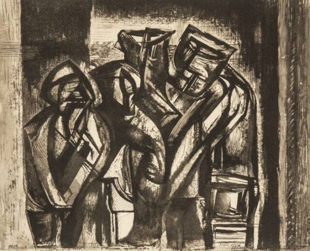 Etching of Miners by Merlyn Evans offered at Rogers Jones Welsh art auction