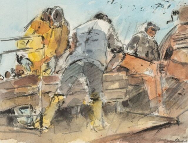 Figures picking potatoes by William Selwyn offered at Rogers Jones Welsh art auction