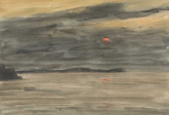 Watercolour of a sunset over Penrhos Beach by Kyffin Williams
