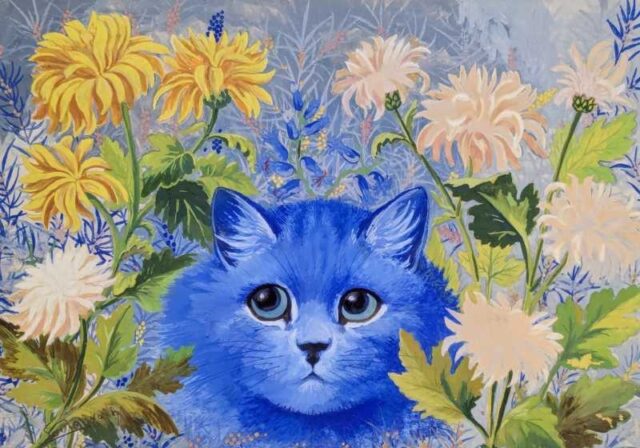 Louis Wain Blue Cat among the Flowers