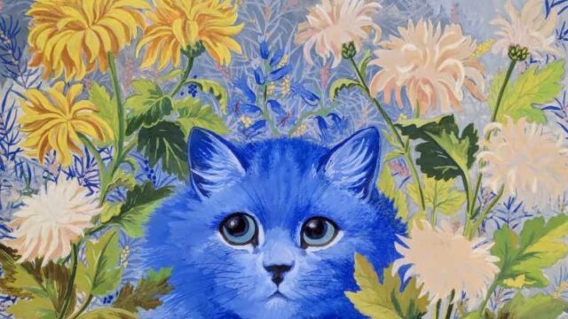 Louis Wain Blue Cat among the Flowers