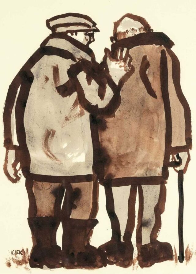 Acrylic of Two Farmers Talking by Karel Lek