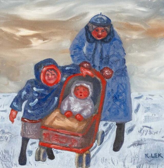 Oil Painting of Family on a Winter Walk by Karel Lek