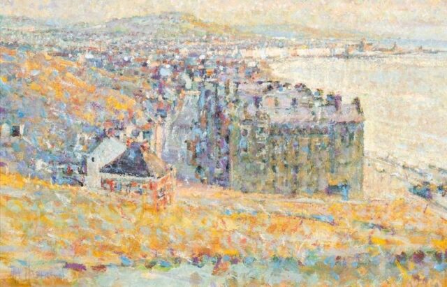 Arthur Maderson mixed media painting of Aberystwyth Early Evening