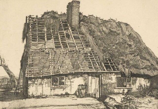 Graham Sutherland etching of a thatched cottage