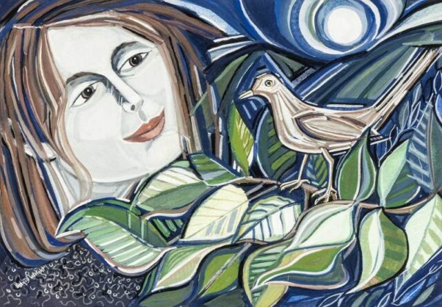 Brigid Wright gouache Moonlight Meeting