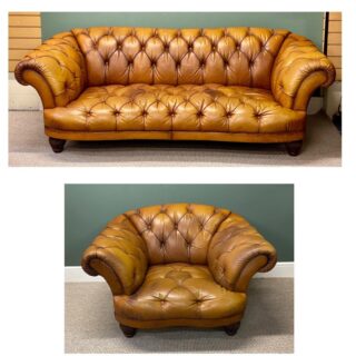 Brown Hide Button Back Settee & Armchair