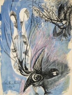 Ceri Richards CBE Ink, Crayon & Watercolour 'Blue Lyre Bird'