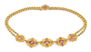 Antique Gold Filigree & Pink Gem-Set Necklace