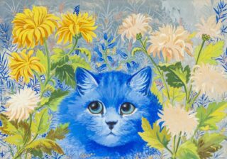 Louis Wain Bodycolour 'Blue Cat among the Flowers'
