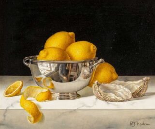 Roy Hodrien Oil 'Lemons in a Silver Bowl with Oysters'